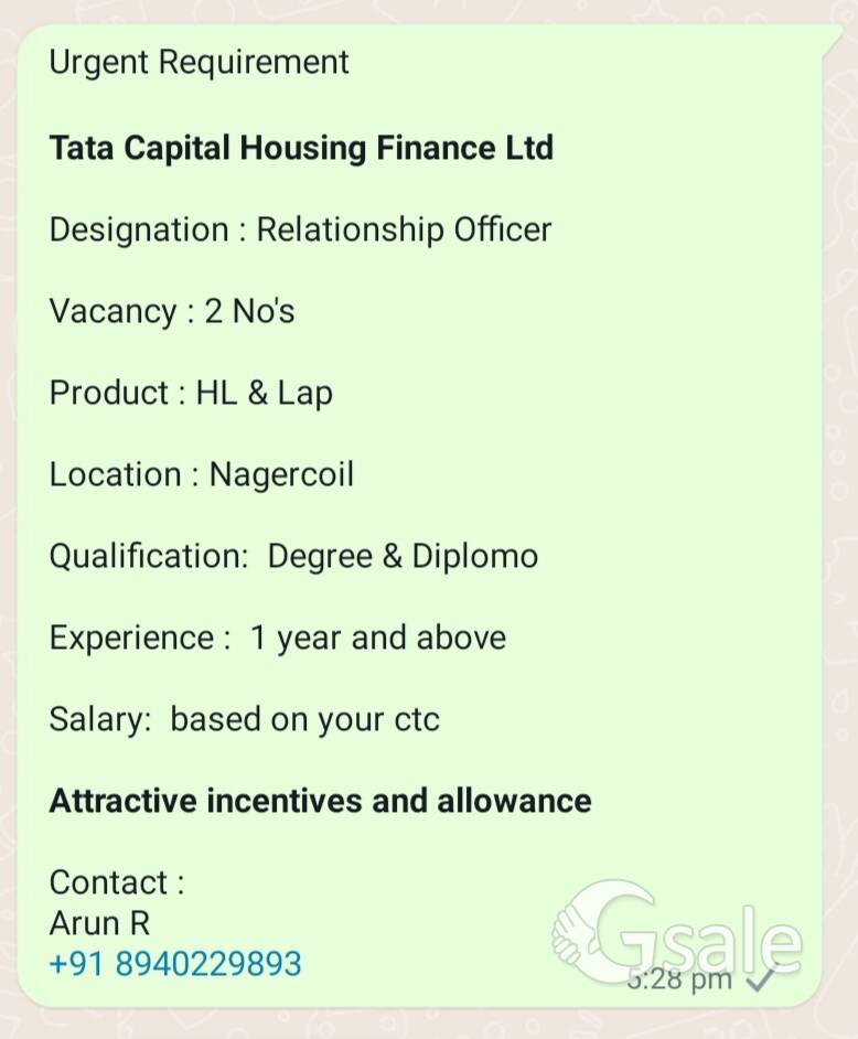 RELATIONSHIP OFFICER - TATA HOUSING FINANCE LTD, NAGERCOIL 