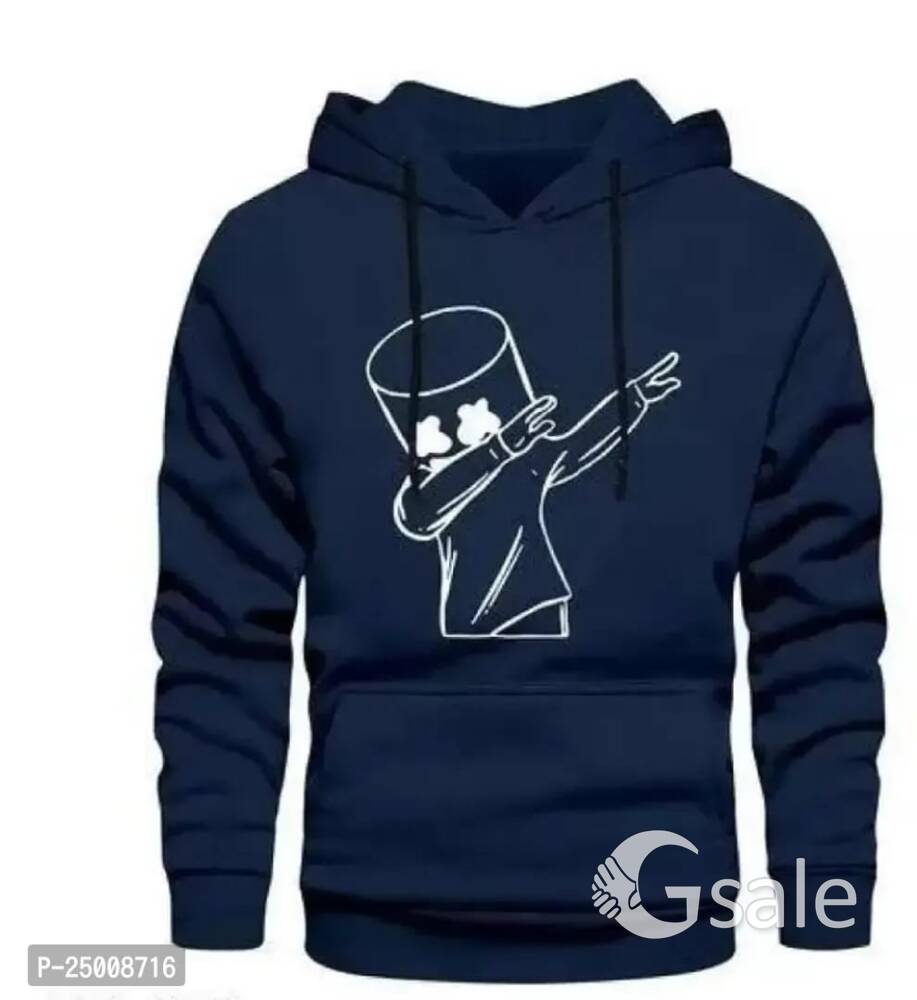 Elegant Navy Blue Fleece Printed Long Sleeves Hoodies For Men