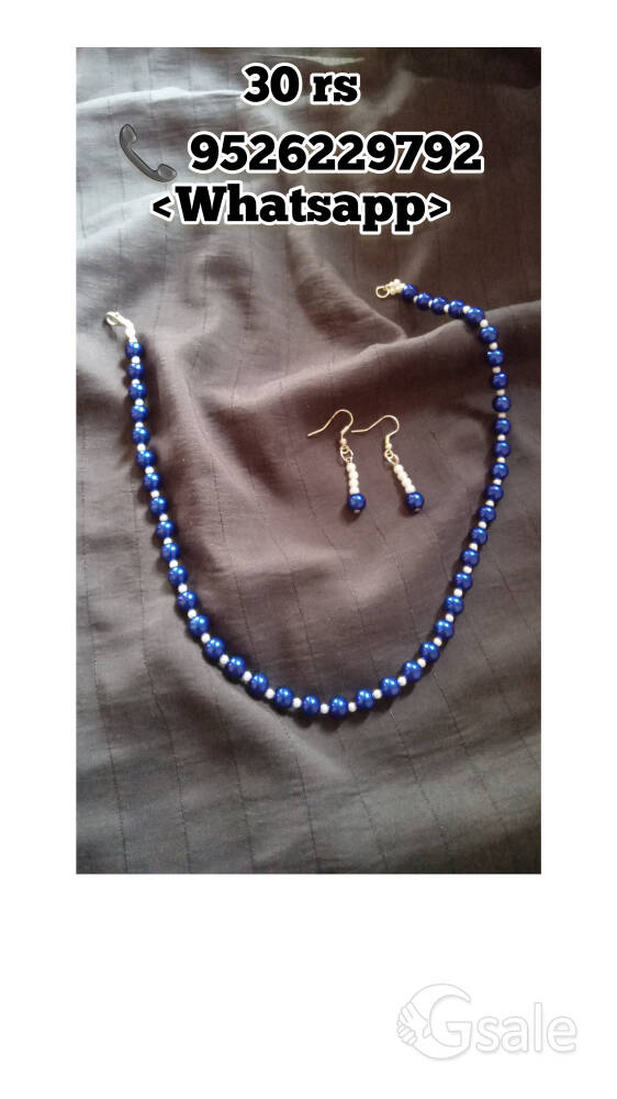BLUE with WHITE coloured beaded 1 necklace and 1 set earings.