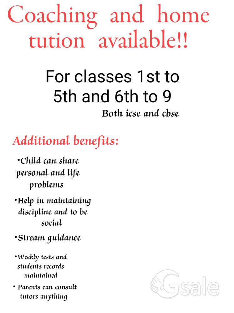 home and coaching tution for classes 1st to 8th