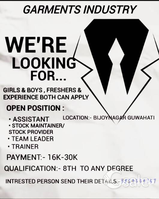 garment industry we'ar looking for girls & boys, freshers &e experience both can apply 