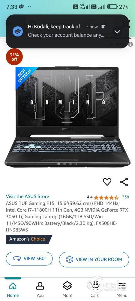 ASUS TUF Gaming F15, 15.6" (39.62 cms) FHD 144Hz, Intel Core i7-11800H 11th Gen, 4GB NVIDIA GeForce 