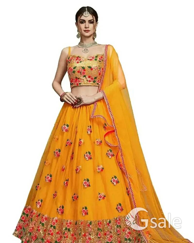 Attractive Net Embroidered Semi Stitched Lehenga Choli Color:  Yellow Fabric:  Net Type:  Semi Stitc