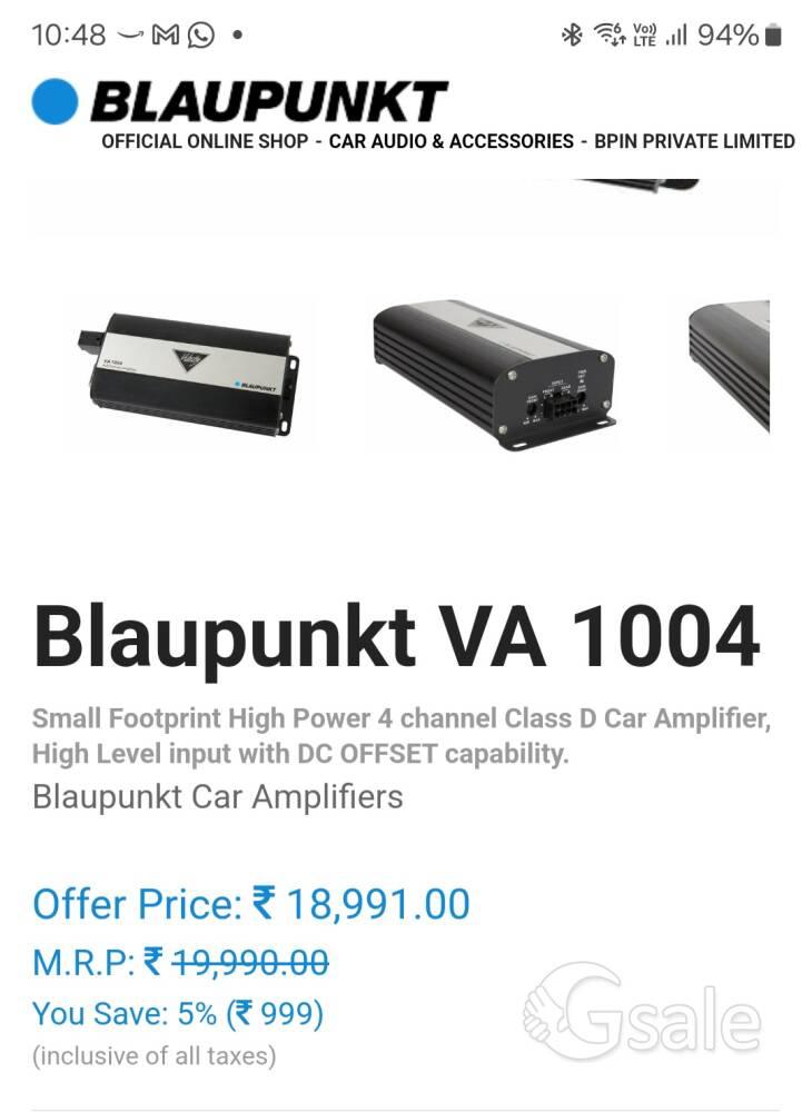Blaupunkt VA 1004Small Footprint High Power 4 channel Class D Car Amplifier, High Level input with D