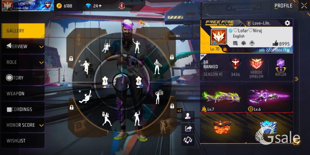 70 leval free fire id