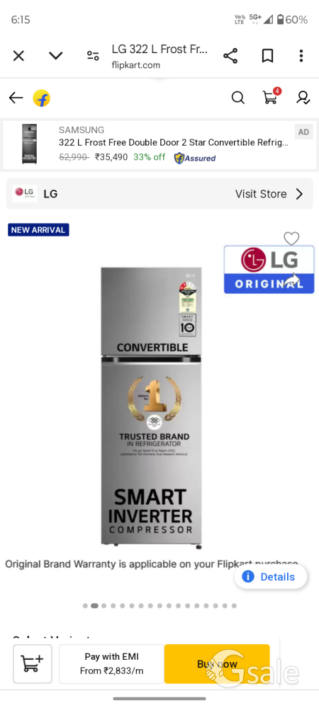 L.G. inverter model dual door refrigerator 300 liter