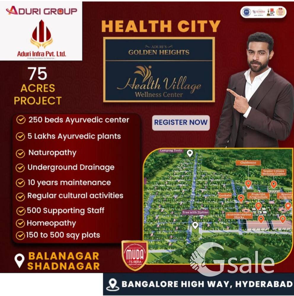 ADURI WELLNESS CENTRE@Health village project, Shadnagar Near Balanagar, MUDA approved 75+Acers,50+