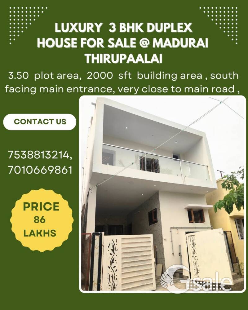 3 BHK LUXURY DUPLEX HOUSE SALE AT MADURAI THIRUPAALAI 