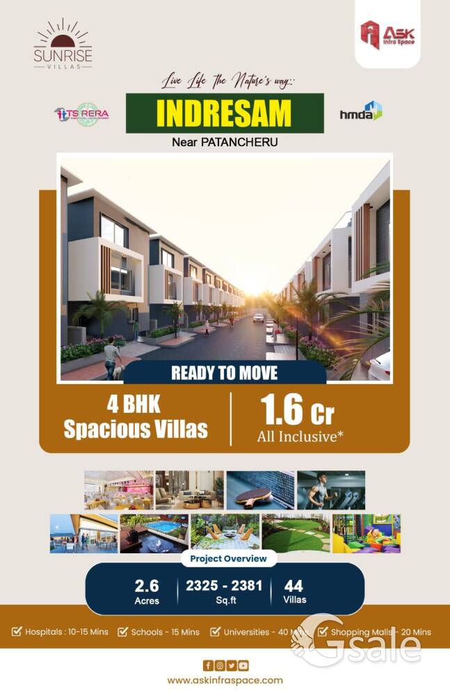 Sunrise Villas, SUNRISE VILLAS presents 4BHK TRIPLEX Villas at Indresam, Patancheruv.