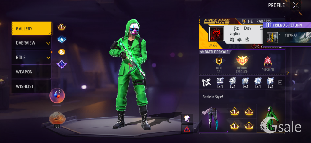 Free Fire ID Level 66 with Green Criminal Bundle