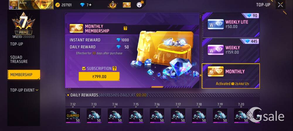 free fire id sell 2700 days subscription 