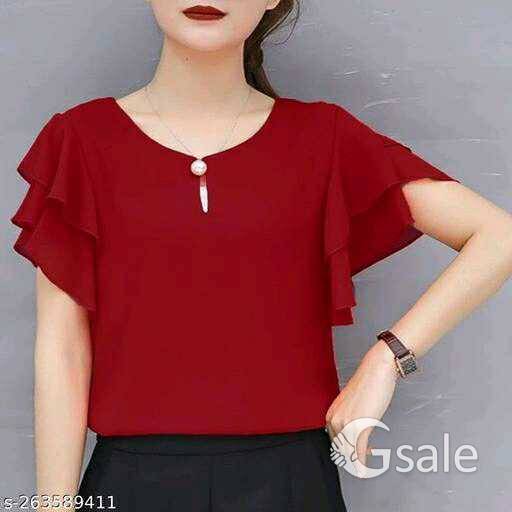 Green Keyhole Neck Ruffle Sleeves Georgette Tops and Tunic For Womens