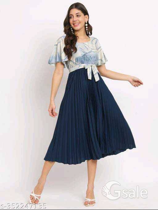 Women A-line dress with pleats, has an Round Neck,  Printed Top Comes with a belt and Flared Sleeves